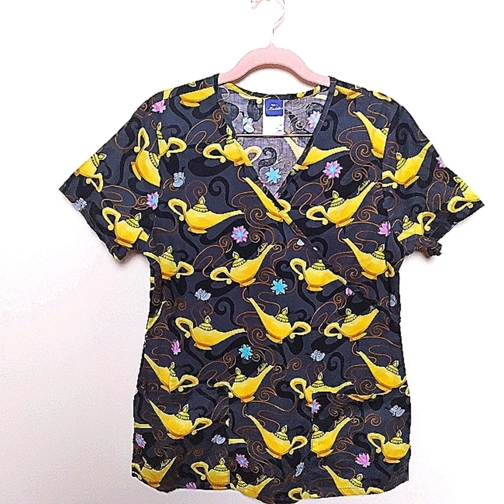 Disney Aladdin Black Short Sleeve Surplice Neckline Scrub Top Size Small